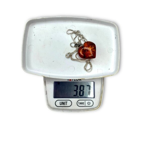 Vintage Amber Heart Pendant Necklace Sterling Silver Chain 19" Italy - Picture 6 of 6